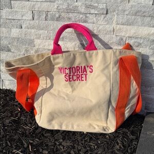 Victoria's Secret Beige Tote with Orange and Pink Accents